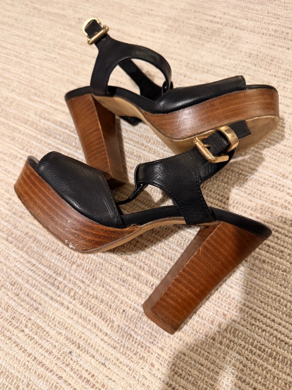 Black Leather Platform Sandals with Wood-Effect Heel
